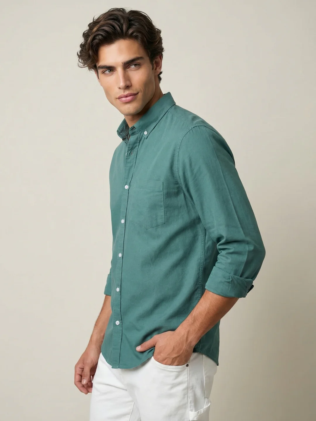 Men's Teal Green Cotton Full Sleeve Regular Fit Solid Oxford Shirt With Button-Down Collar - Image 2