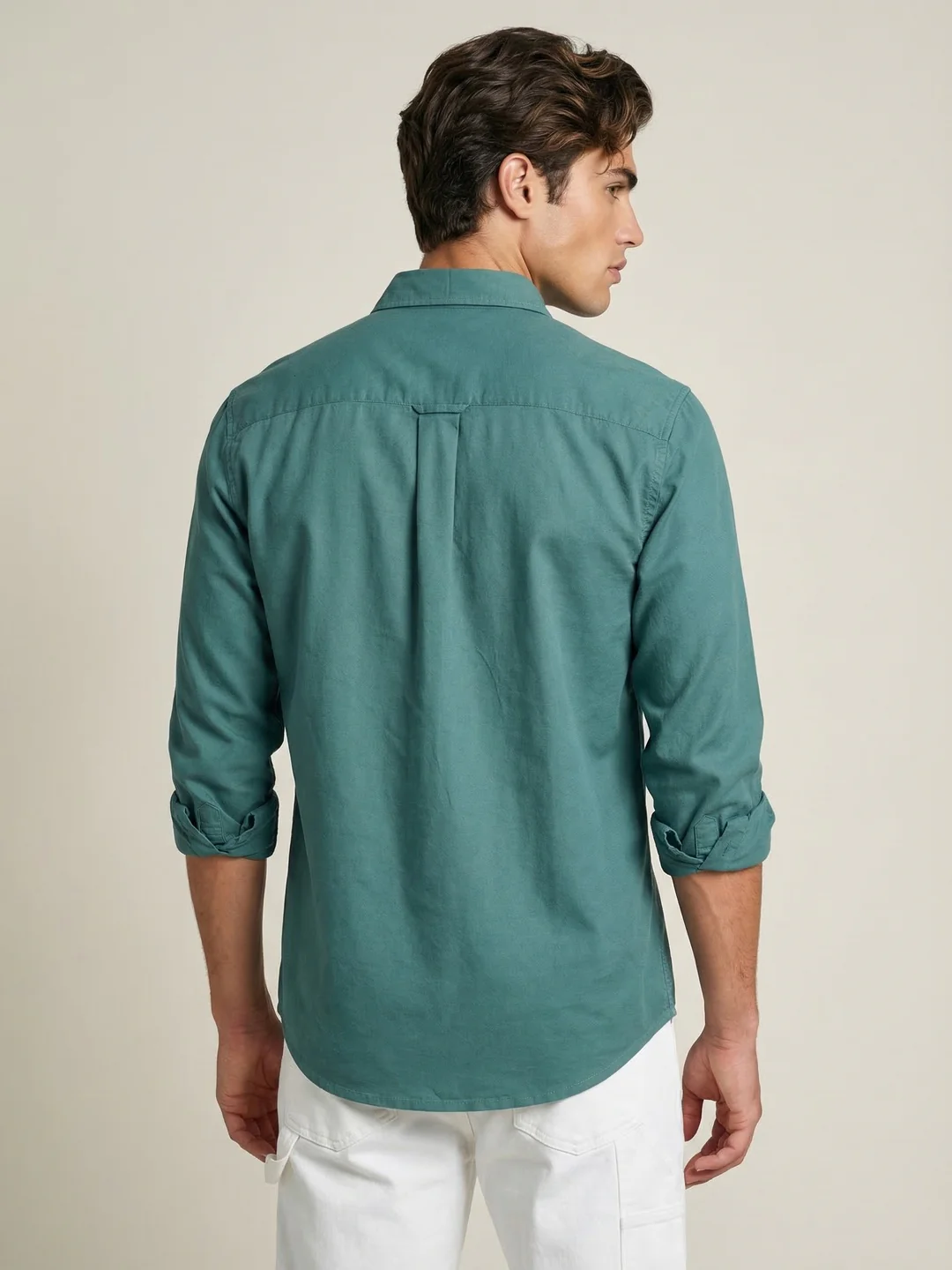 Men's Teal Green Cotton Full Sleeve Regular Fit Solid Oxford Shirt With Button-Down Collar - Image 3