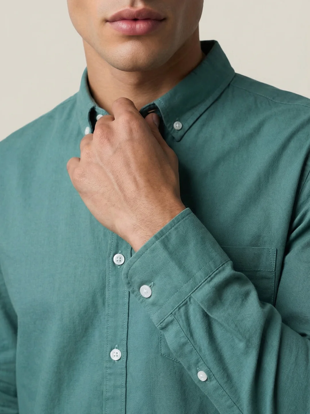 Men's Teal Green Cotton Full Sleeve Regular Fit Solid Oxford Shirt With Button-Down Collar - Image 5