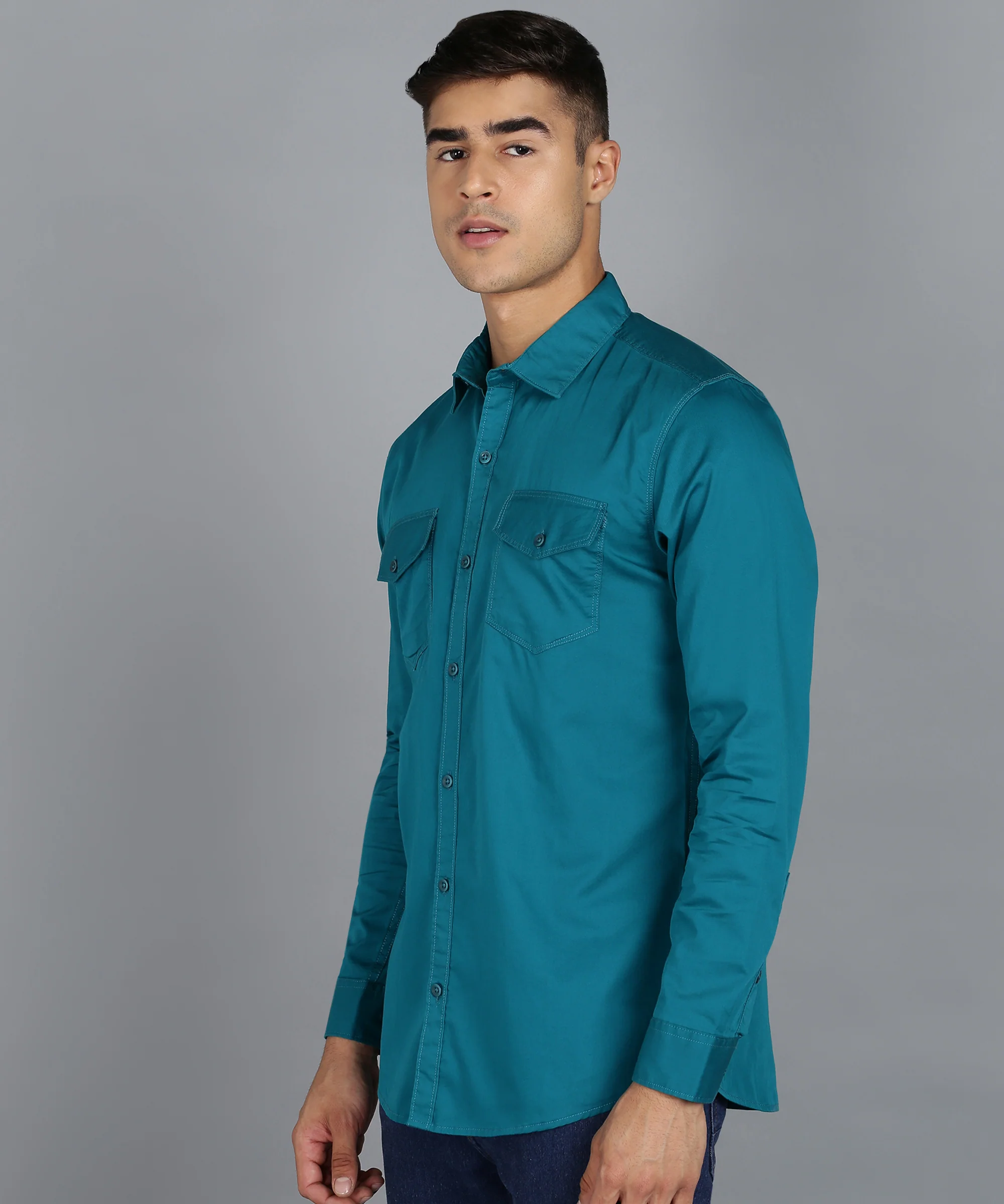 Men's Teal Green Cotton Full Sleeve Slim Fit Casual Solid Shirt - Image 2