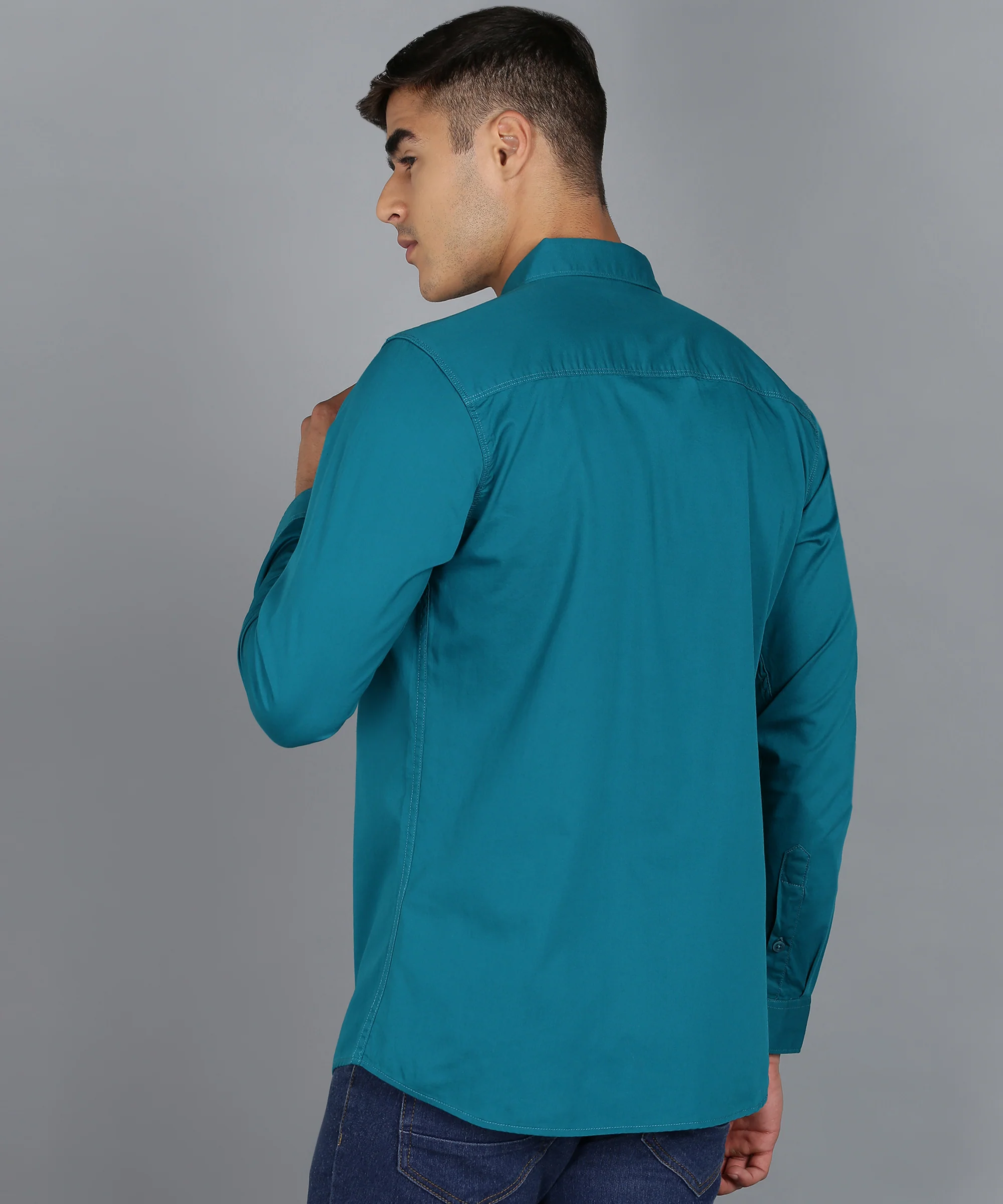 Men's Teal Green Cotton Full Sleeve Slim Fit Casual Solid Shirt - Image 3