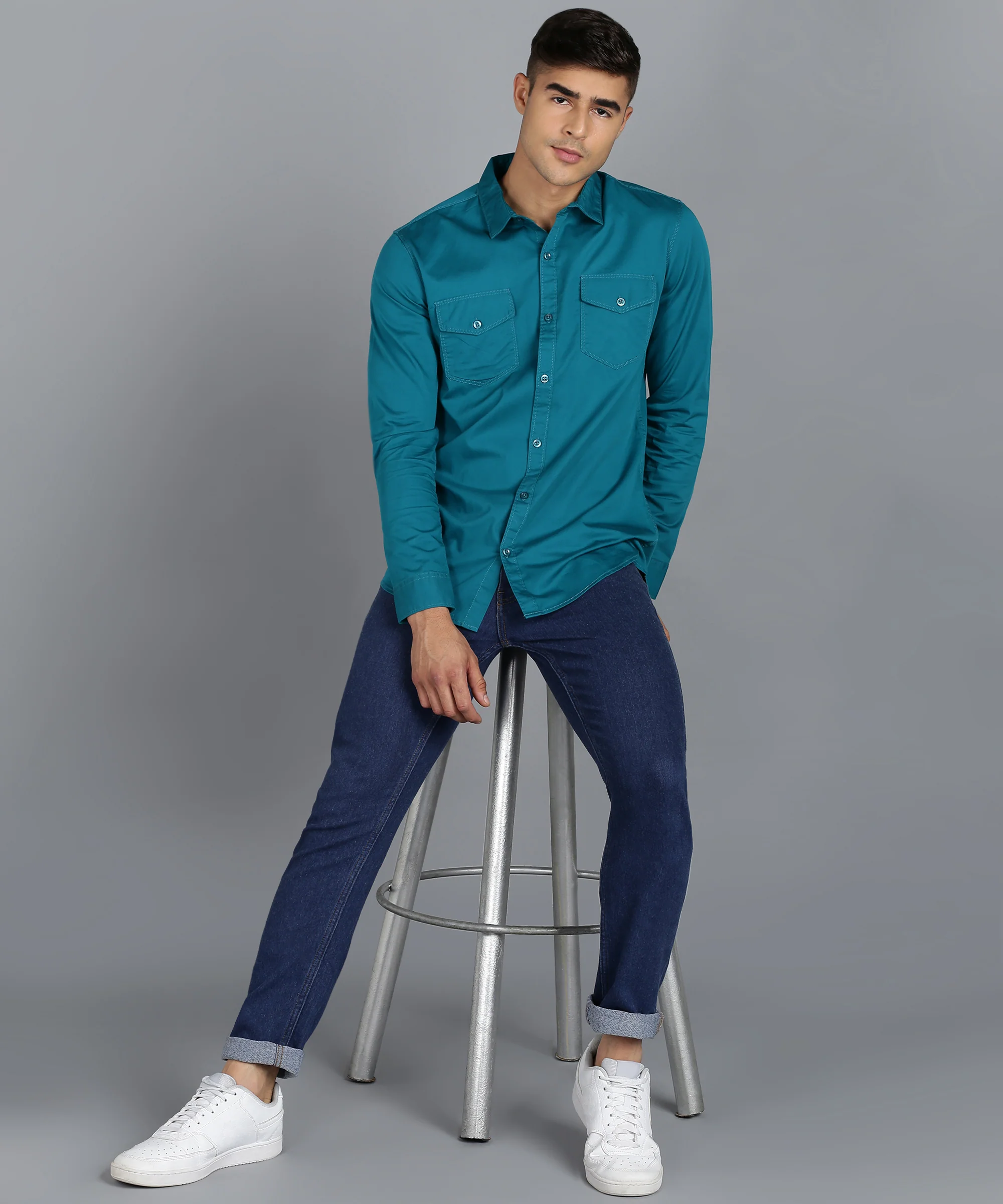 Men's Teal Green Cotton Full Sleeve Slim Fit Casual Solid Shirt - Image 4