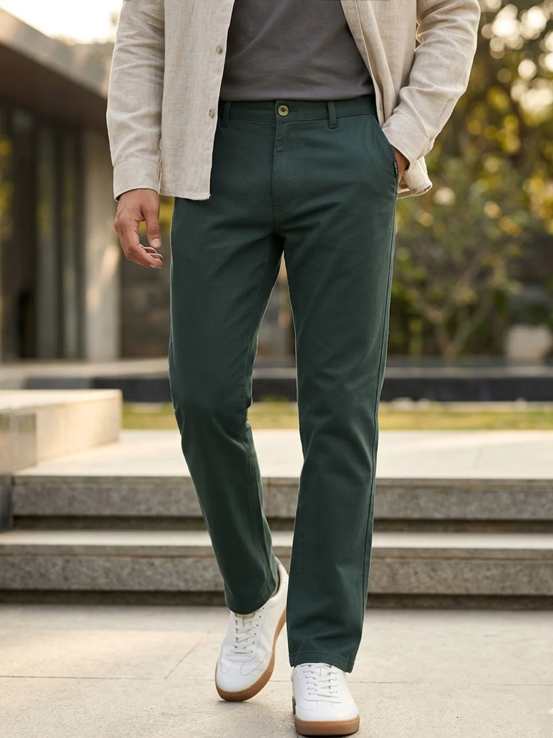Men's Teal Green Cotton Regular Fit Casual Chinos Trousers Stretch