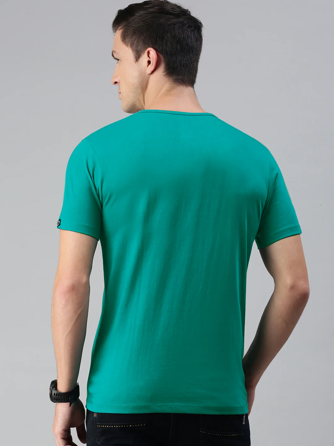 Men's Teal Green Solid Henley Neck Slim Fit Cotton T-Shirt - Image 2