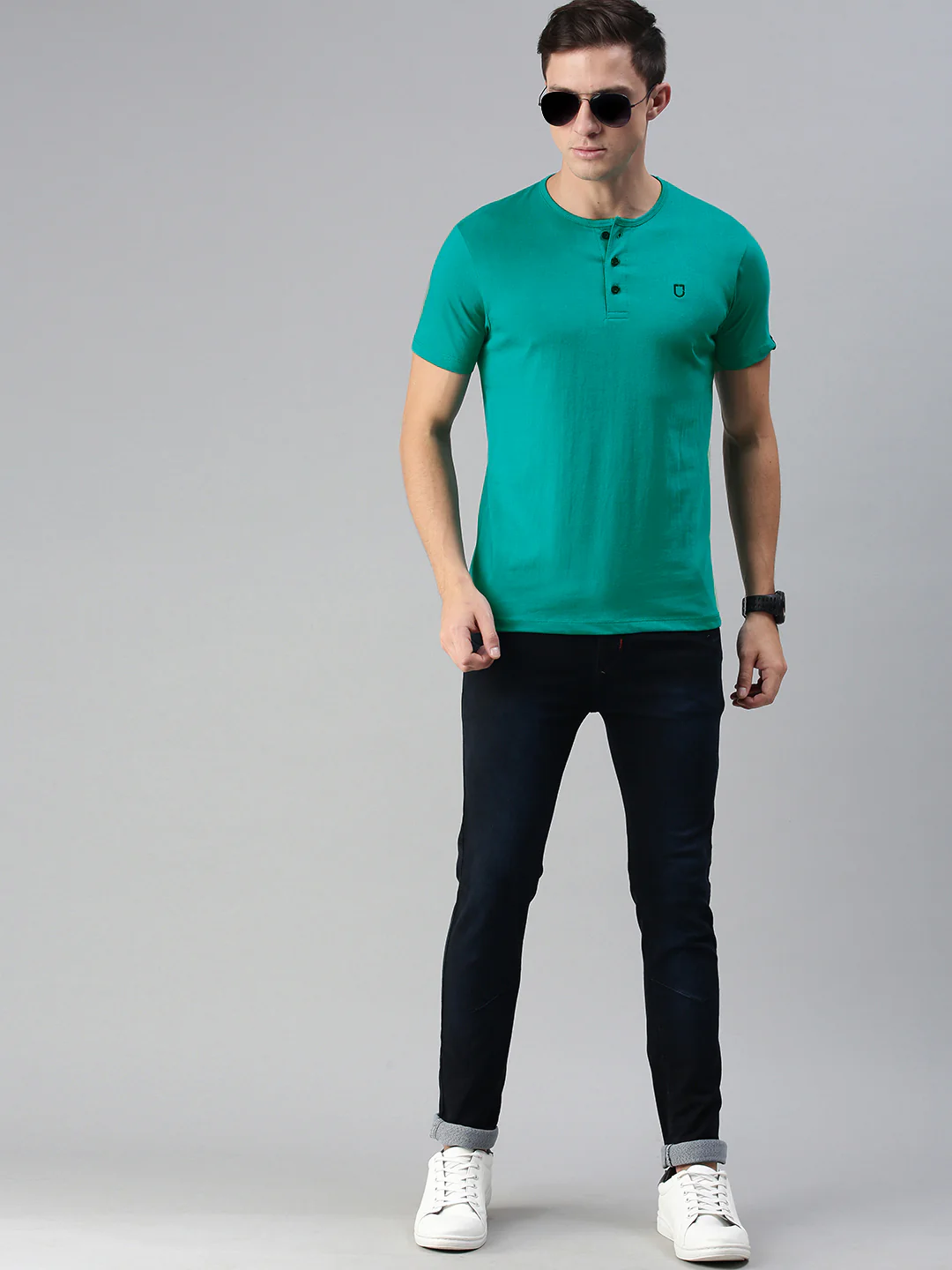 Men's Teal Green Solid Henley Neck Slim Fit Cotton T-Shirt - Image 3