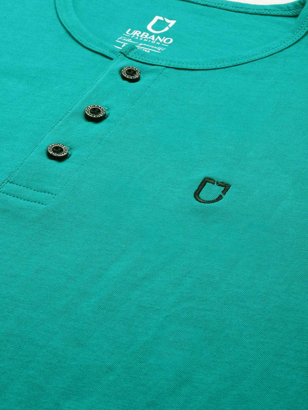 Men's Teal Green Solid Henley Neck Slim Fit Cotton T-Shirt - Image 4