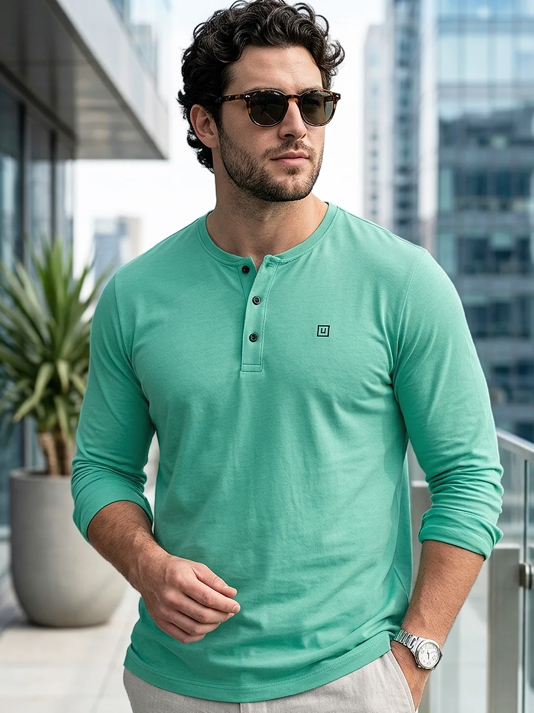 Men's Teal Green Solid Henley Neck Slim Fit Full Sleeve Cotton T-Shirt
