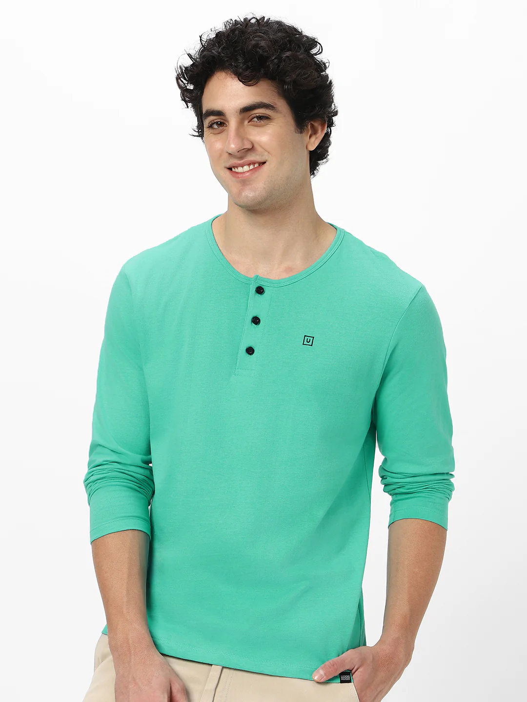 Men's Teal Green Solid Henley Neck Slim Fit Full Sleeve Cotton T-Shirt - Image 2