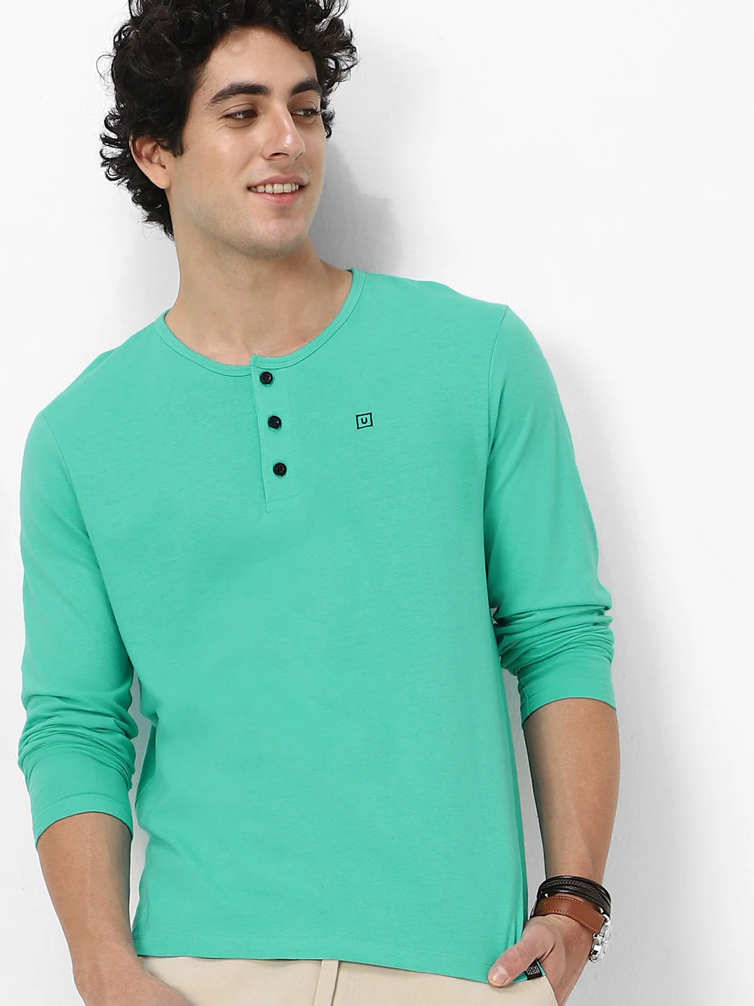 Men's Teal Green Solid Henley Neck Slim Fit Full Sleeve Cotton T-Shirt - Image 3