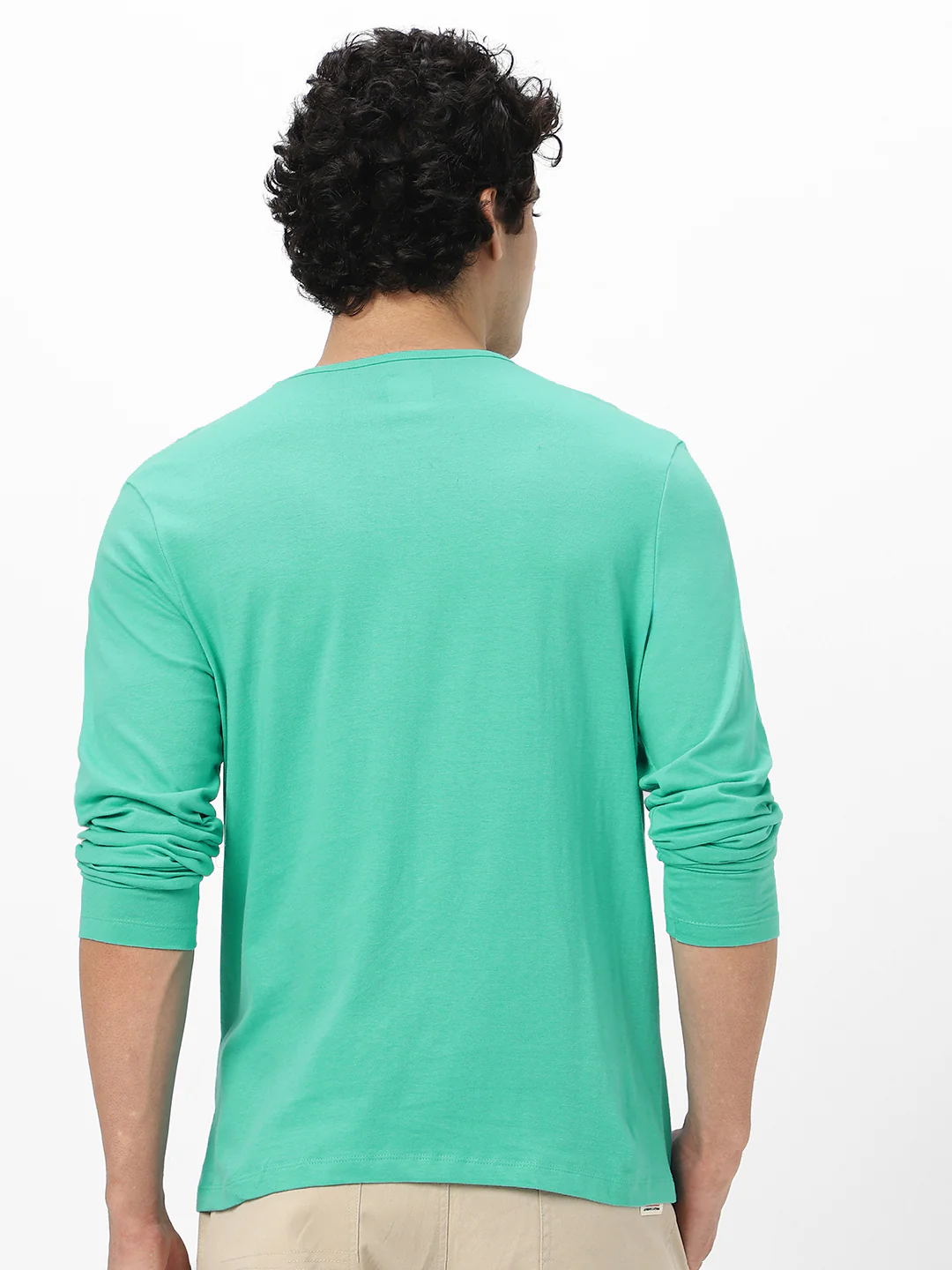 Men's Teal Green Solid Henley Neck Slim Fit Full Sleeve Cotton T-Shirt - Image 4