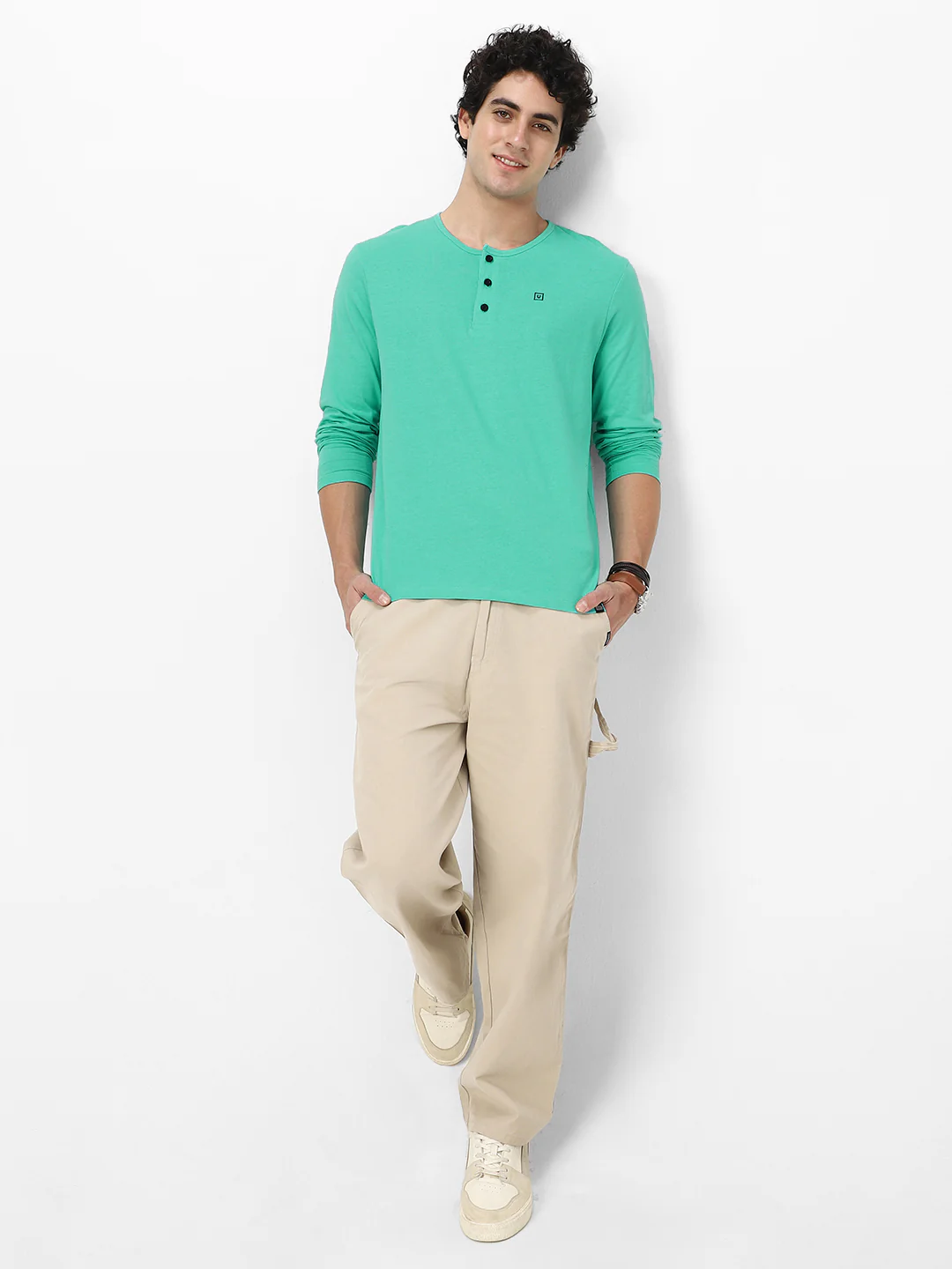 Men's Teal Green Solid Henley Neck Slim Fit Full Sleeve Cotton T-Shirt - Image 5