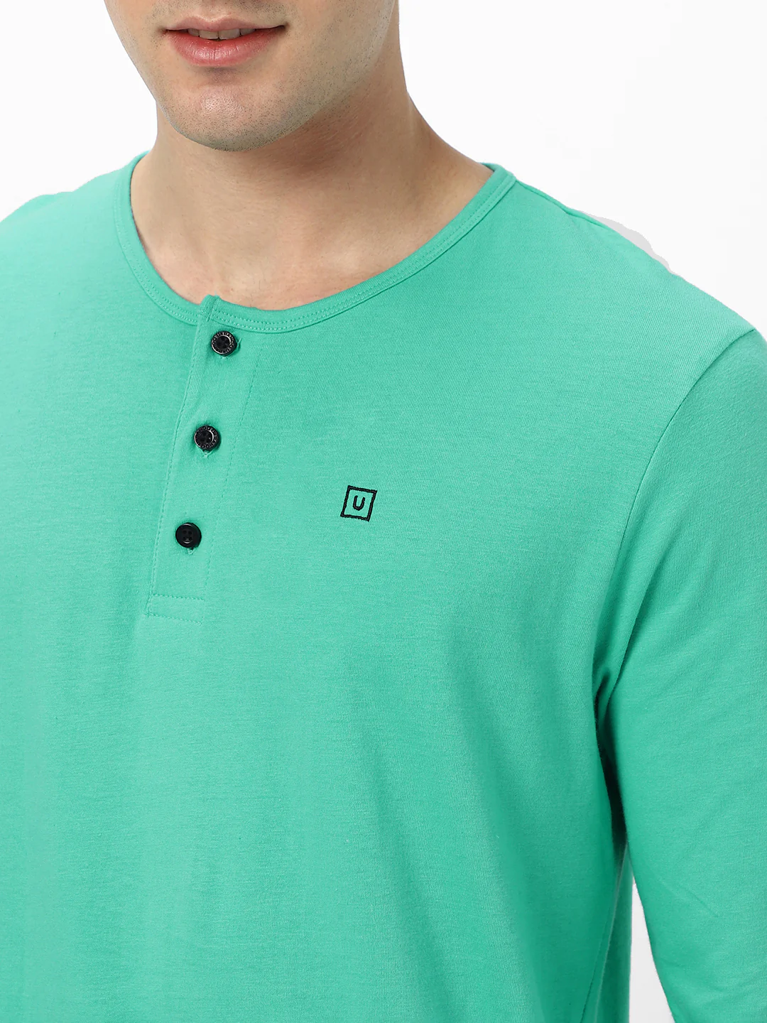 Men's Teal Green Solid Henley Neck Slim Fit Full Sleeve Cotton T-Shirt - Image 6