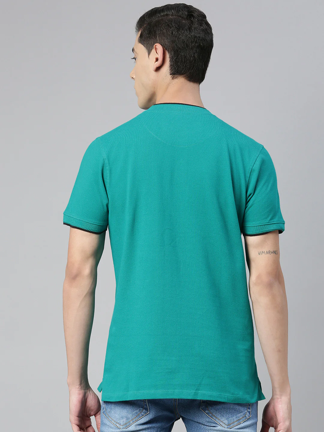Men's Teal Green Solid Mandarin Collar Slim Fit Cotton Polo T-Shirt - Image 2
