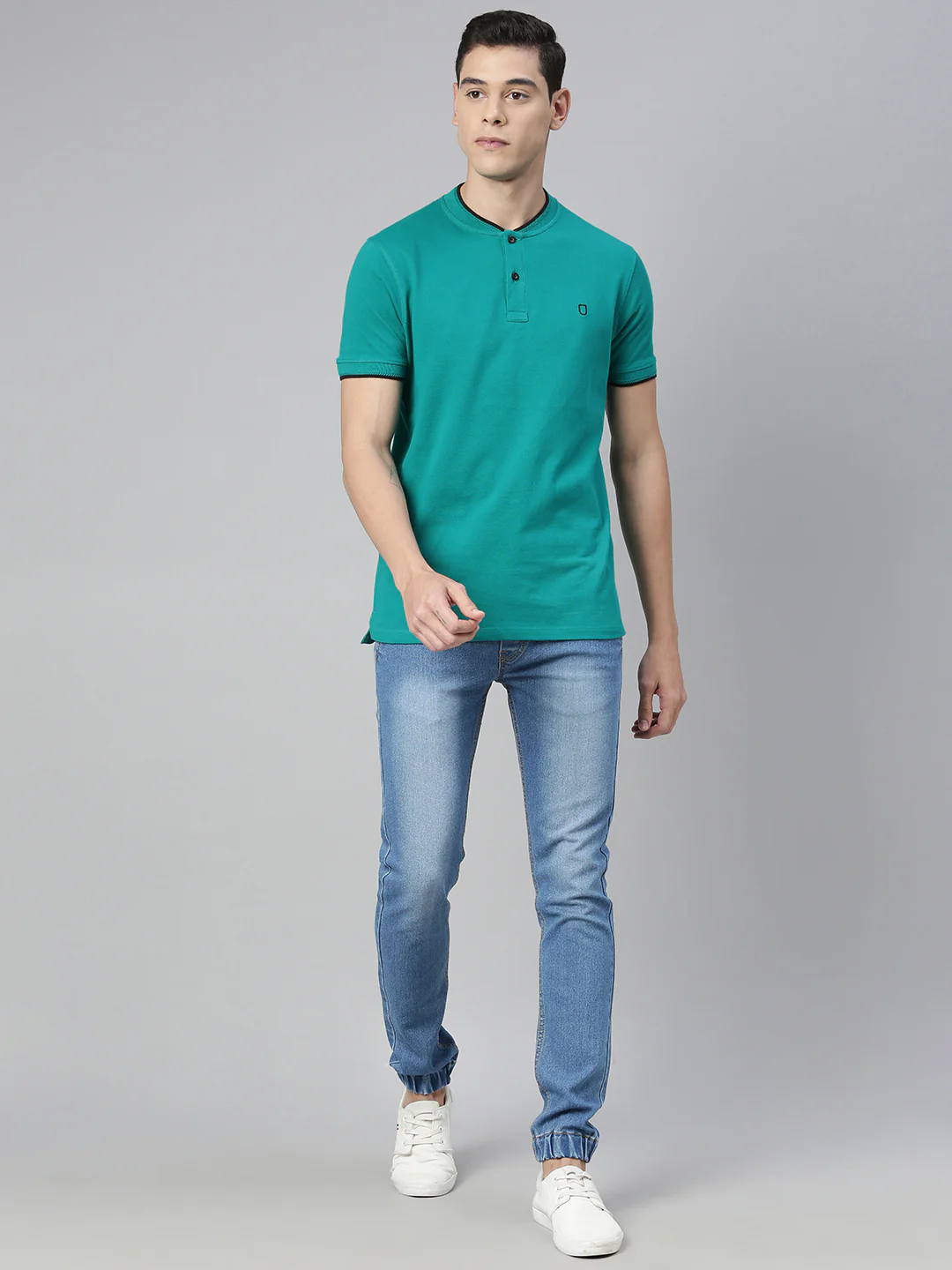 Men's Teal Green Solid Mandarin Collar Slim Fit Cotton Polo T-Shirt - Image 3