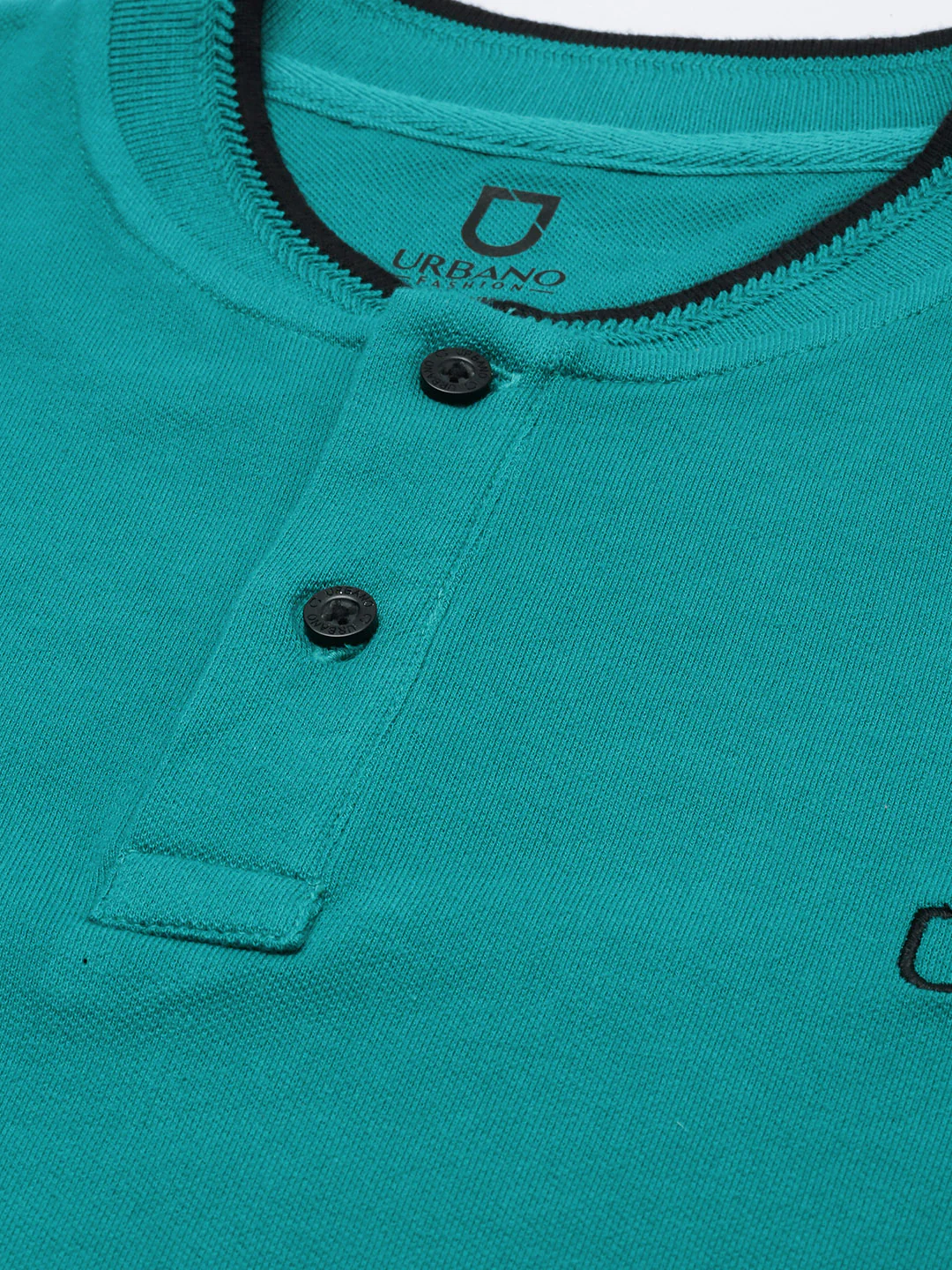 Men's Teal Green Solid Mandarin Collar Slim Fit Cotton Polo T-Shirt - Image 4
