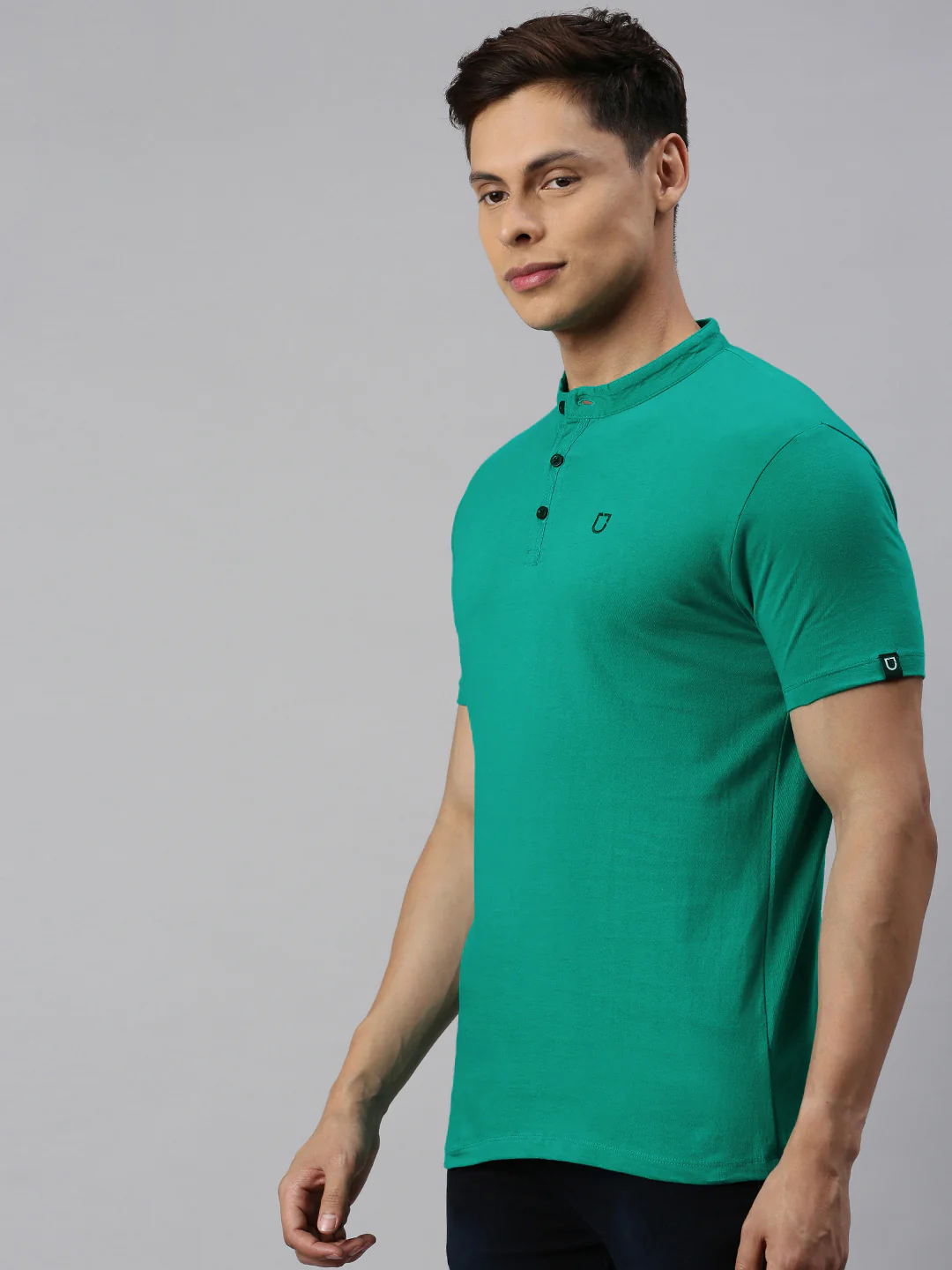 Men's Teal Green Solid Mandarin Collar Slim Fit Cotton T-Shirt - Image 3