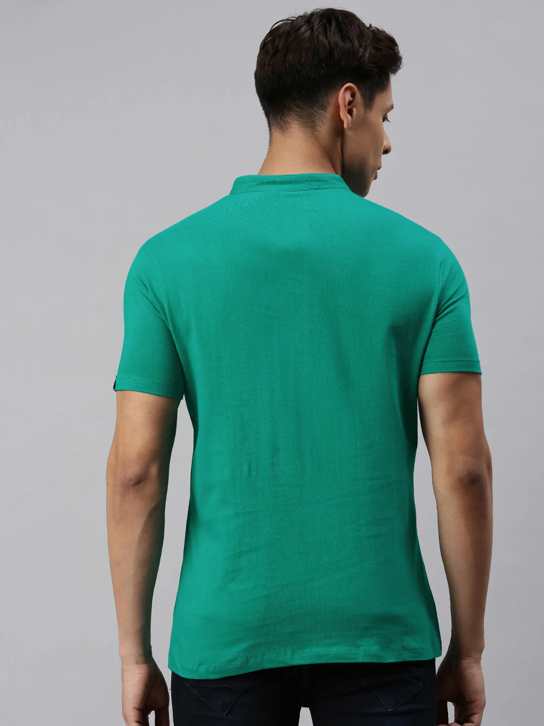 Men's Teal Green Solid Mandarin Collar Slim Fit Cotton T-Shirt - Image 4