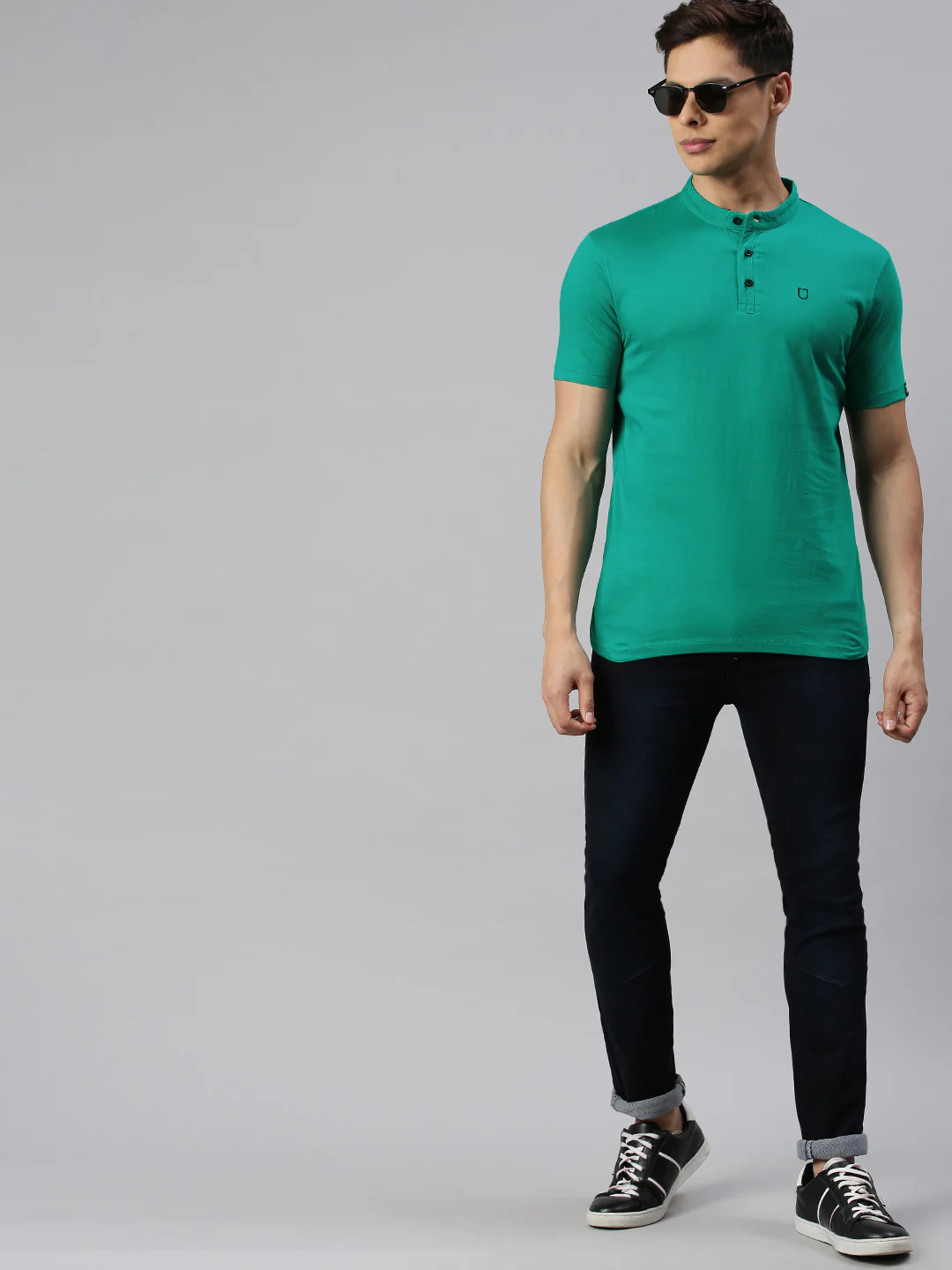 Men's Teal Green Solid Mandarin Collar Slim Fit Cotton T-Shirt - Image 5