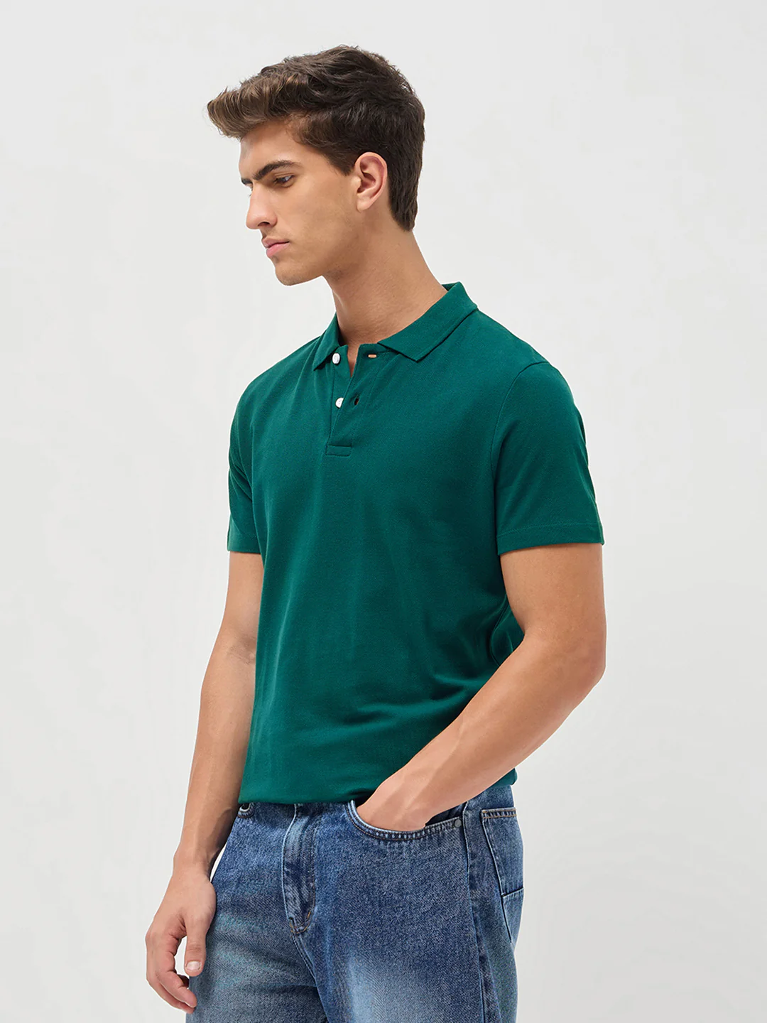 Men's Teal Green Solid Regular Fit Half Sleeve Cotton Polo T-Shirt - Image 2