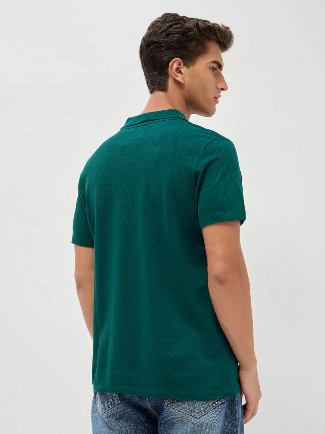 Men's Teal Green Solid Regular Fit Half Sleeve Cotton Polo T-Shirt - Image 3