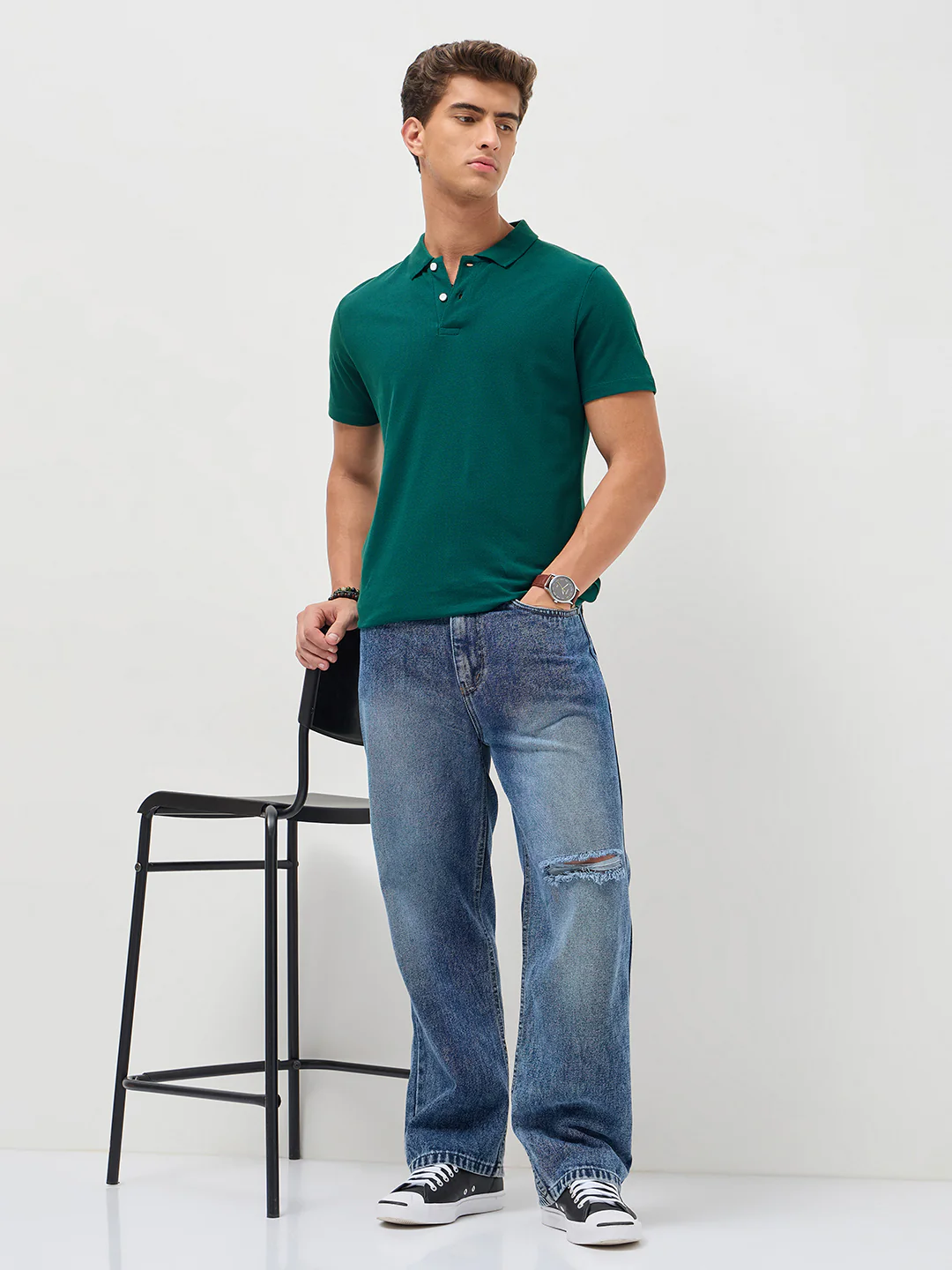 Men's Teal Green Solid Regular Fit Half Sleeve Cotton Polo T-Shirt - Image 4