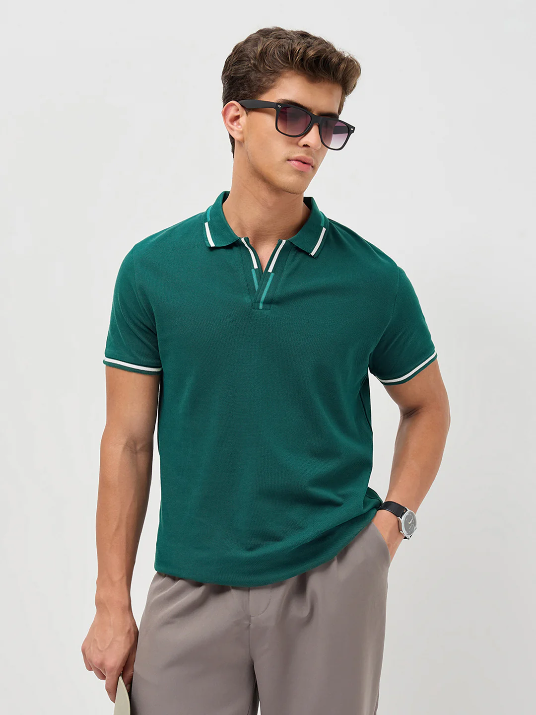 Men's Teal Green Solid Regular Fit Half Sleeve Cotton Polo T-Shirt