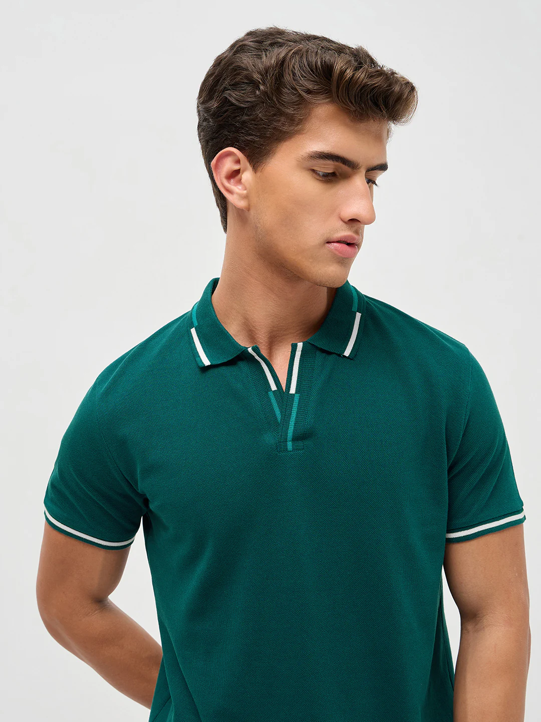 Men's Teal Green Solid Regular Fit Half Sleeve Cotton Polo T-Shirt - Image 5