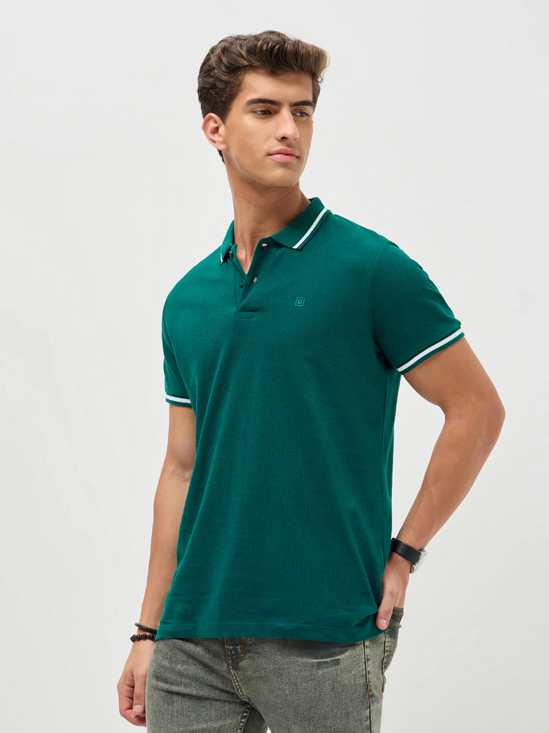 Men's Teal Green Solid Regular Fit Half Sleeve Cotton Polo T-Shirt - Image 2