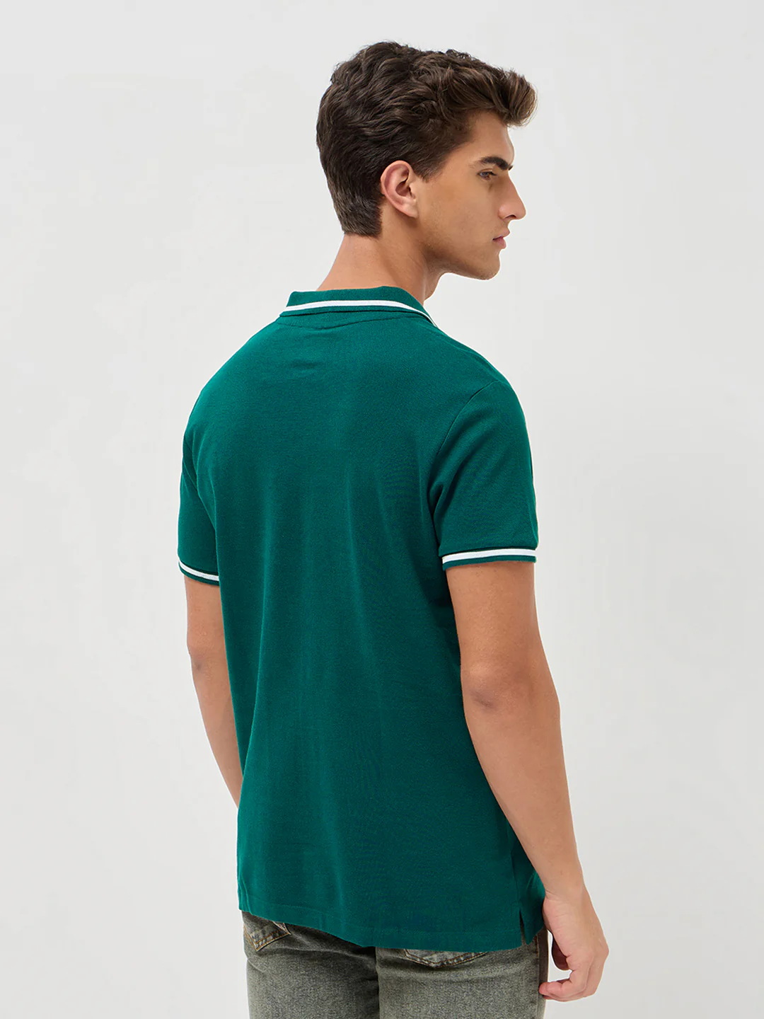 Men's Teal Green Solid Regular Fit Half Sleeve Cotton Polo T-Shirt - Image 3