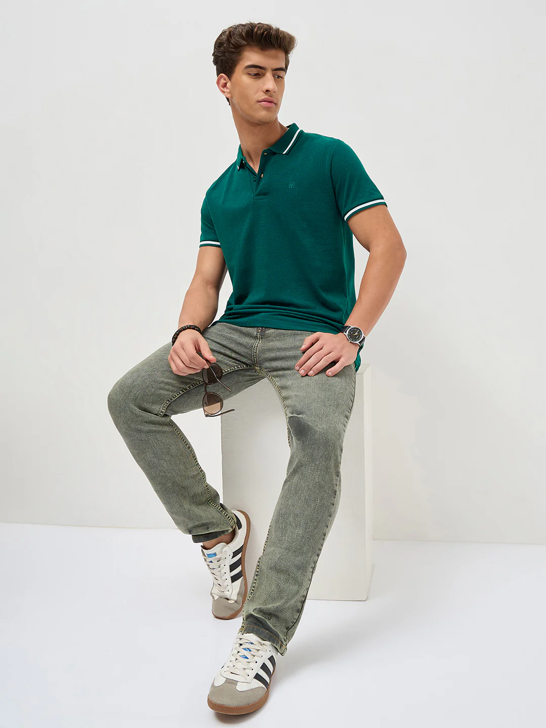 Men's Teal Green Solid Regular Fit Half Sleeve Cotton Polo T-Shirt - Image 4