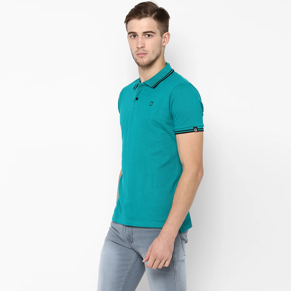 Men's Teal Green Solid Slim Fit Half Sleeve Cotton Polo T-Shirt - Image 2