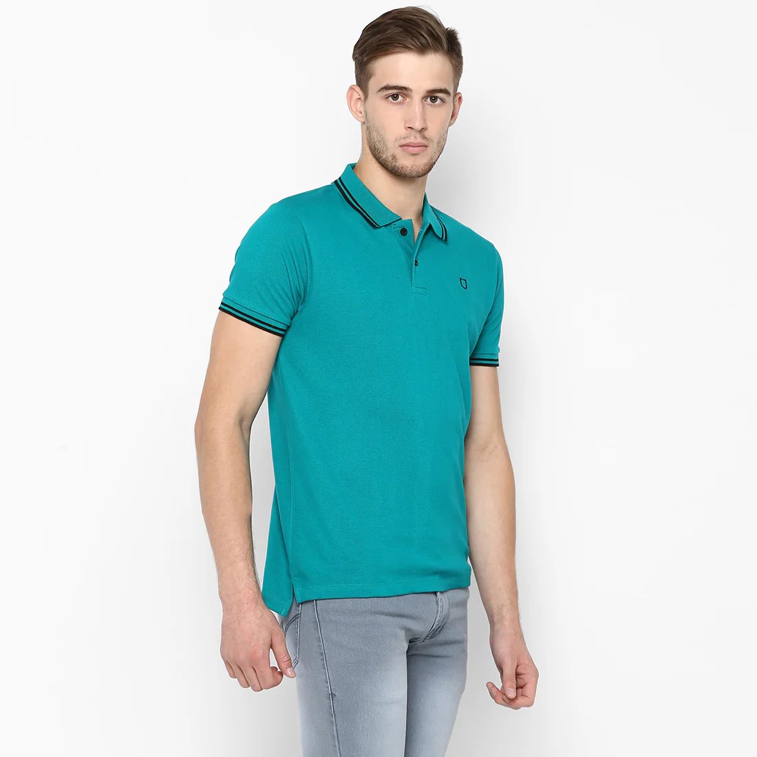 Men's Teal Green Solid Slim Fit Half Sleeve Cotton Polo T-Shirt - Image 3