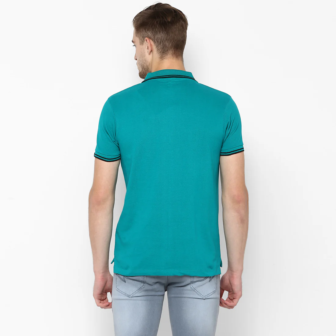 Men's Teal Green Solid Slim Fit Half Sleeve Cotton Polo T-Shirt - Image 4