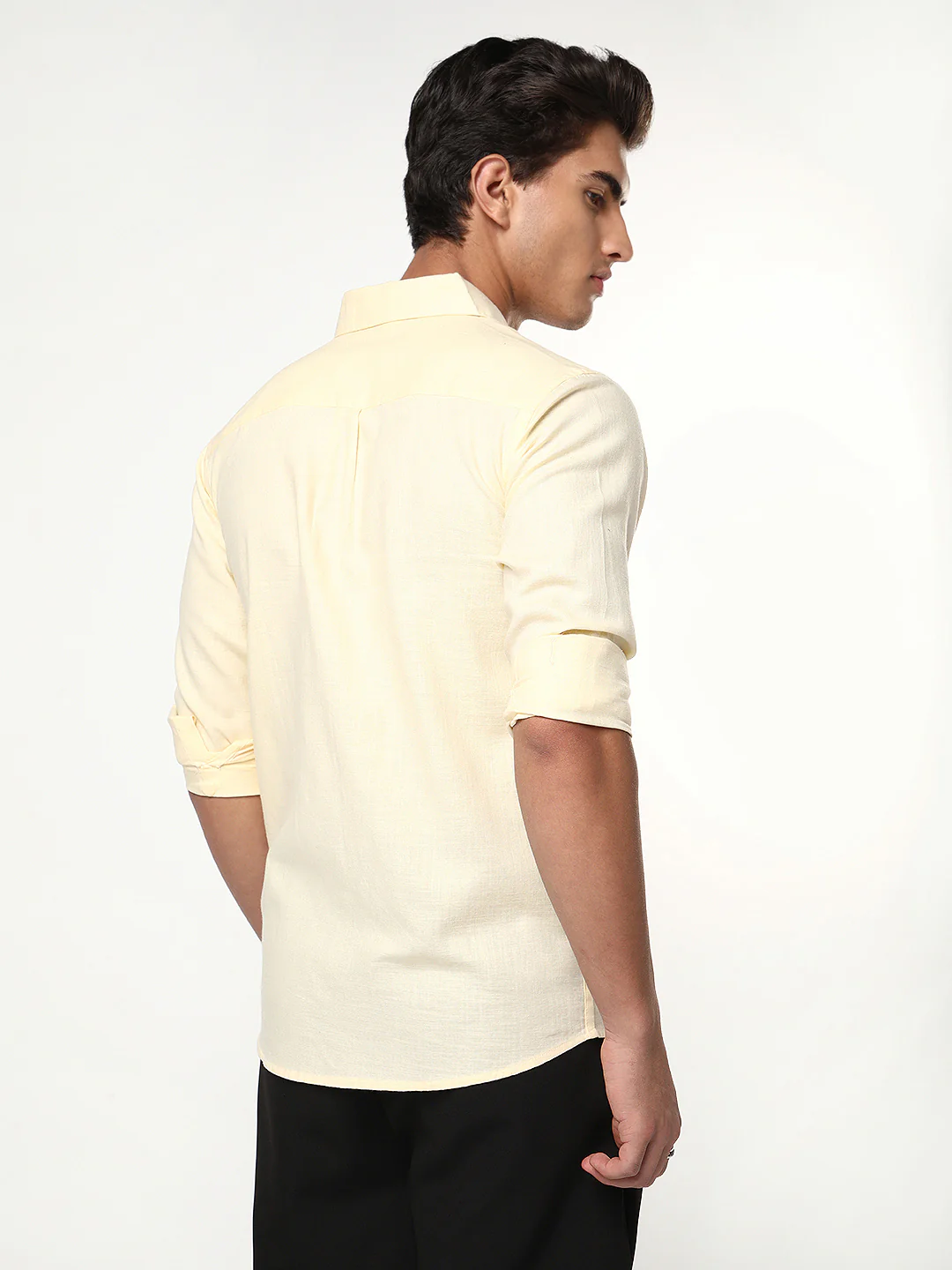 Men's Tender Yellow Linen Blend Full Sleeve Relaxed Fit Casual Solid Shirt - Image 3
