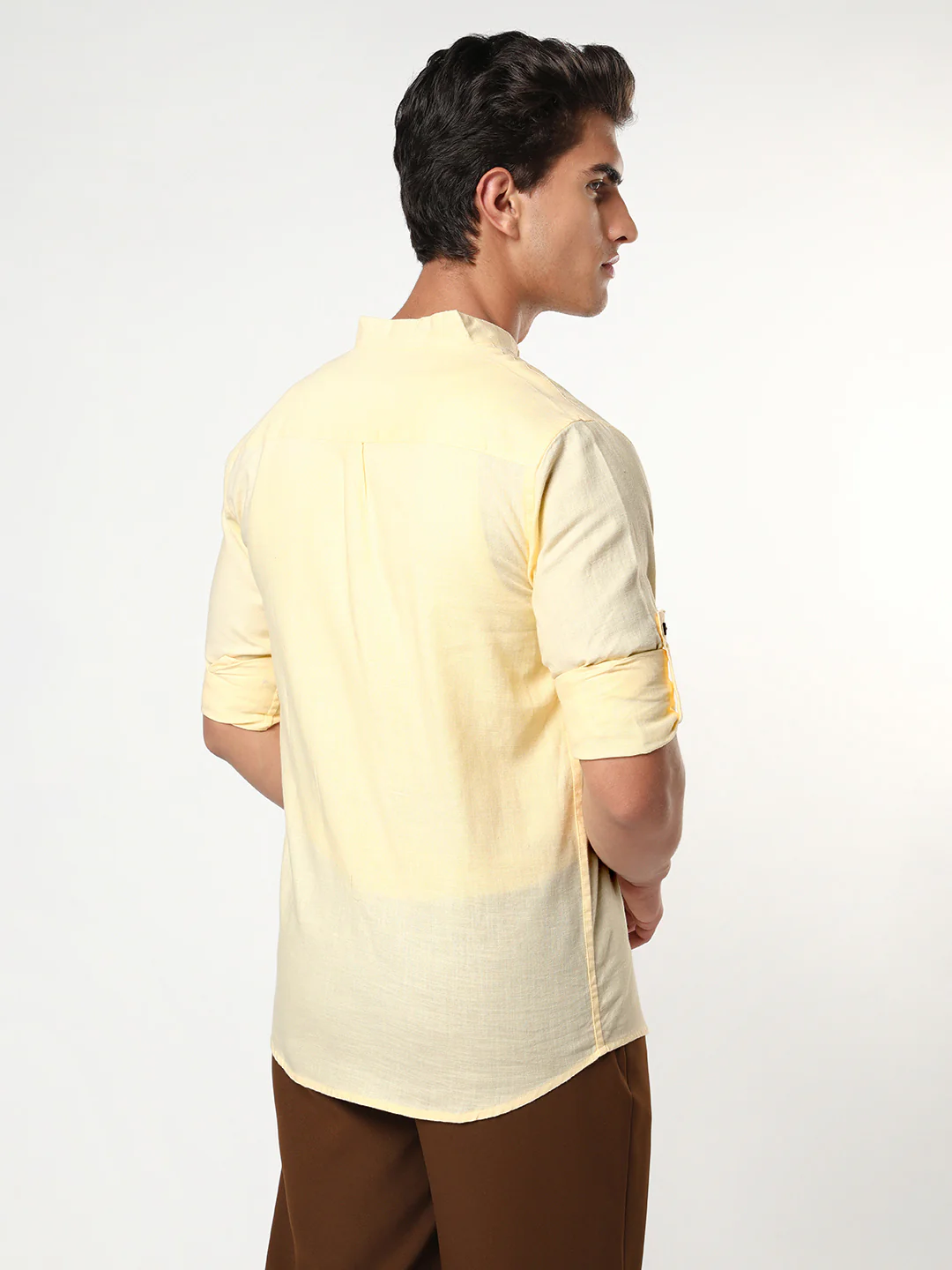 Men's Tender Yellow Linen Blend Full Sleeve Relaxed Fit Mandarin Collar Casual Solid Shirt - Image 3