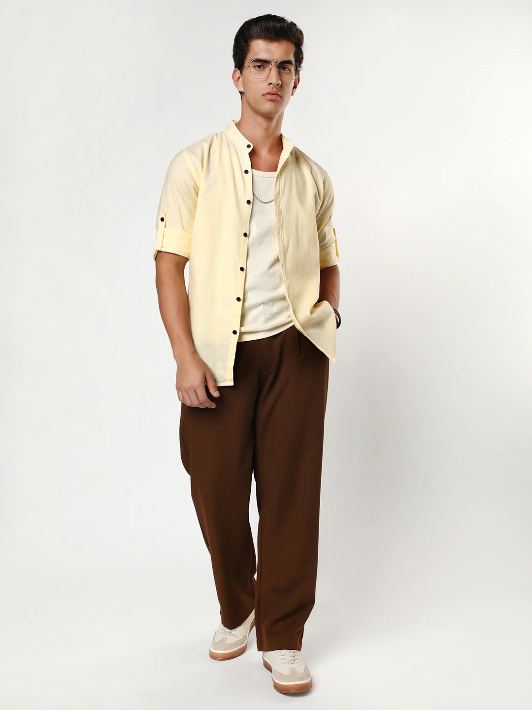 Men's Tender Yellow Linen Blend Full Sleeve Relaxed Fit Mandarin Collar Casual Solid Shirt - Image 4