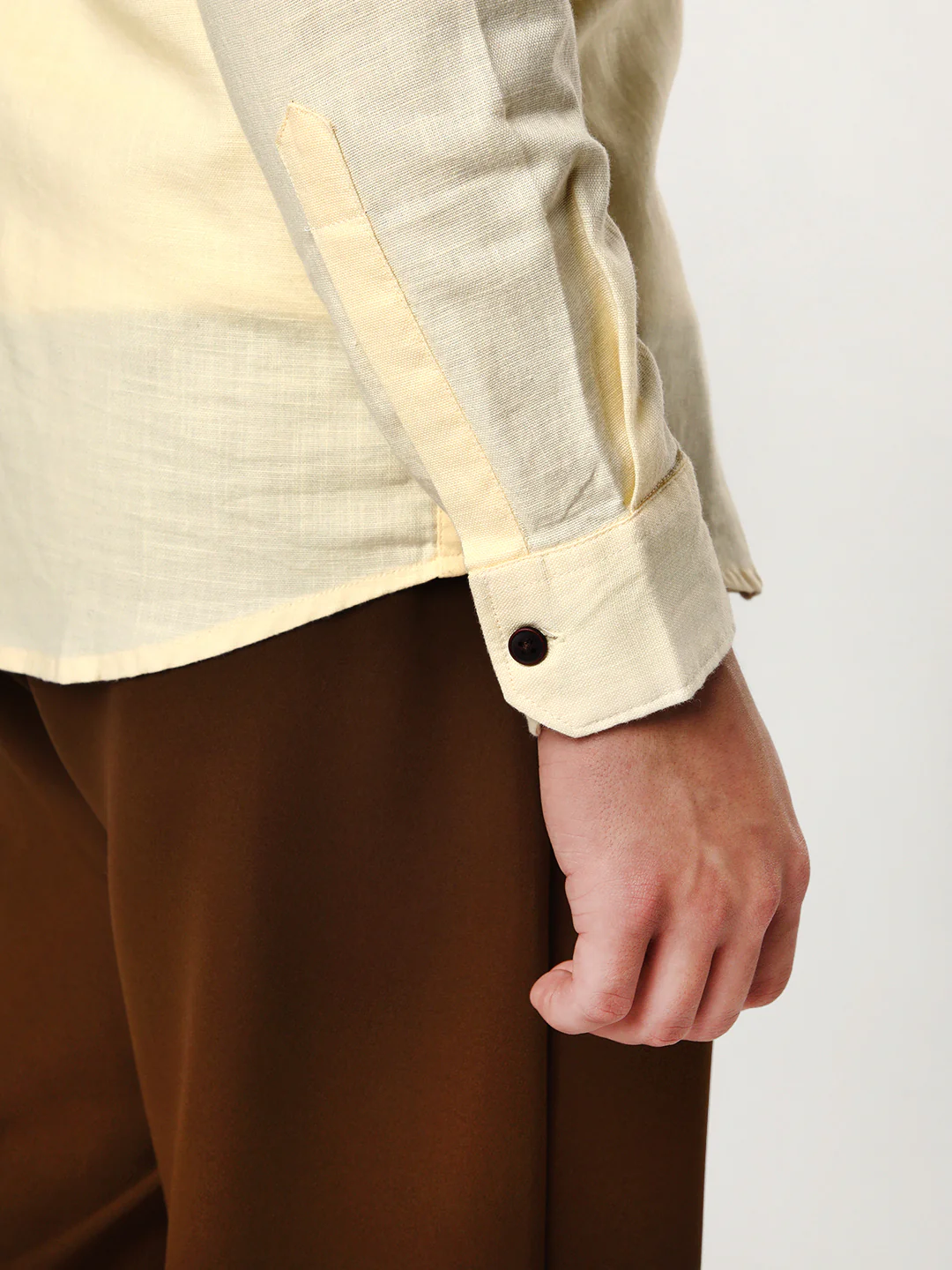 Men's Tender Yellow Linen Blend Full Sleeve Relaxed Fit Mandarin Collar Casual Solid Shirt - Image 5