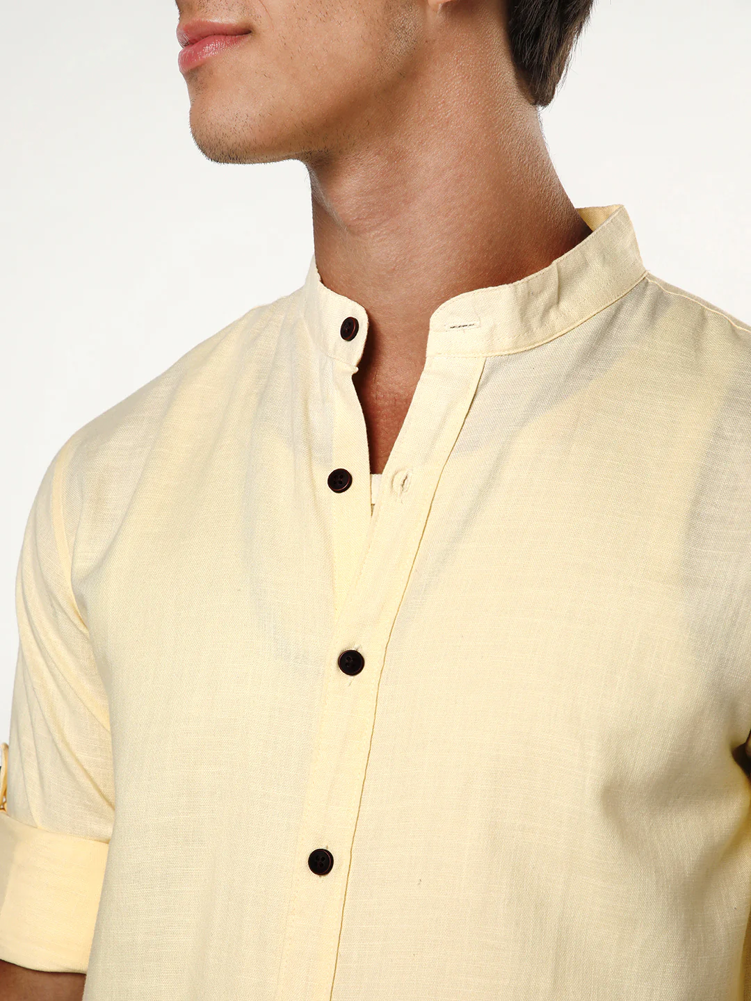 Men's Tender Yellow Linen Blend Full Sleeve Relaxed Fit Mandarin Collar Casual Solid Shirt - Image 6