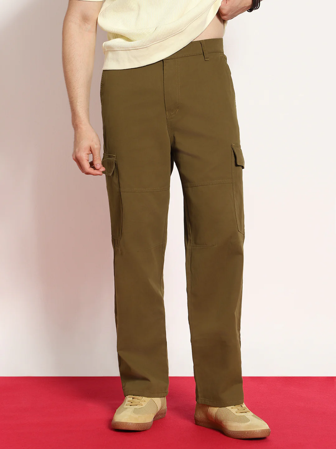 Men's Tobacco Loose Baggy Fit Solid Cargo Chino Pant with 6 Pockets Non-Stretchable - Image 2