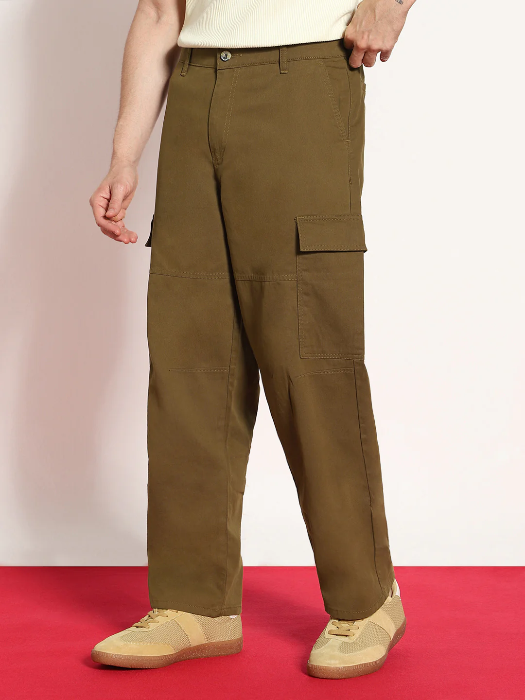 Men's Tobacco Loose Baggy Fit Solid Cargo Chino Pant with 6 Pockets Non-Stretchable - Image 3