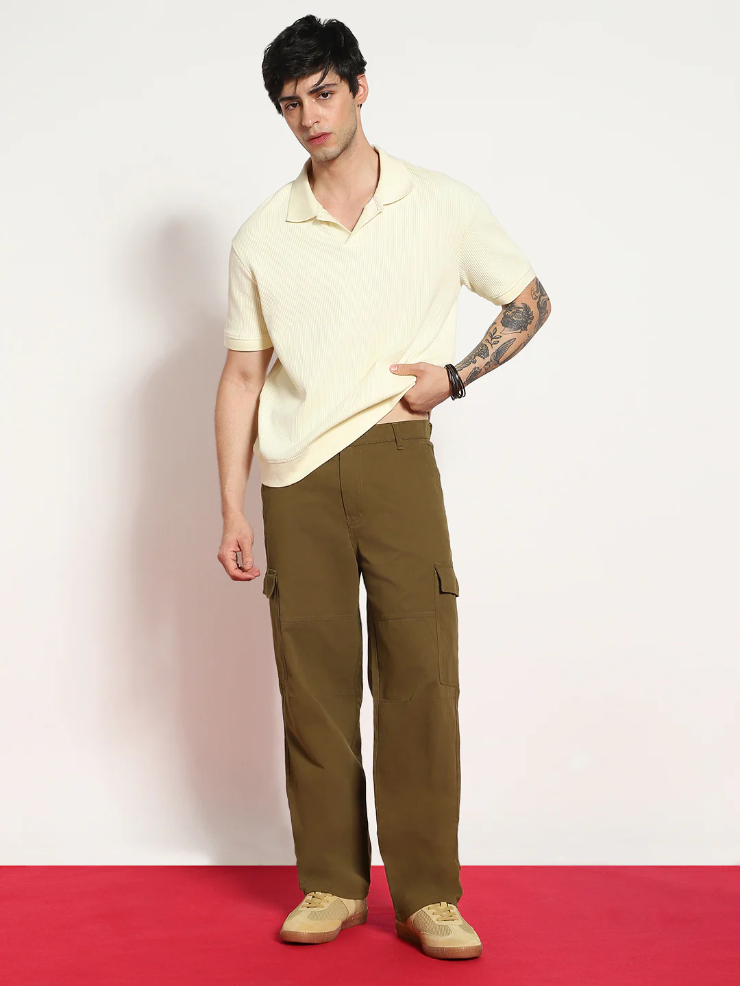 Men's Tobacco Loose Baggy Fit Solid Cargo Chino Pant with 6 Pockets Non-Stretchable - Image 5