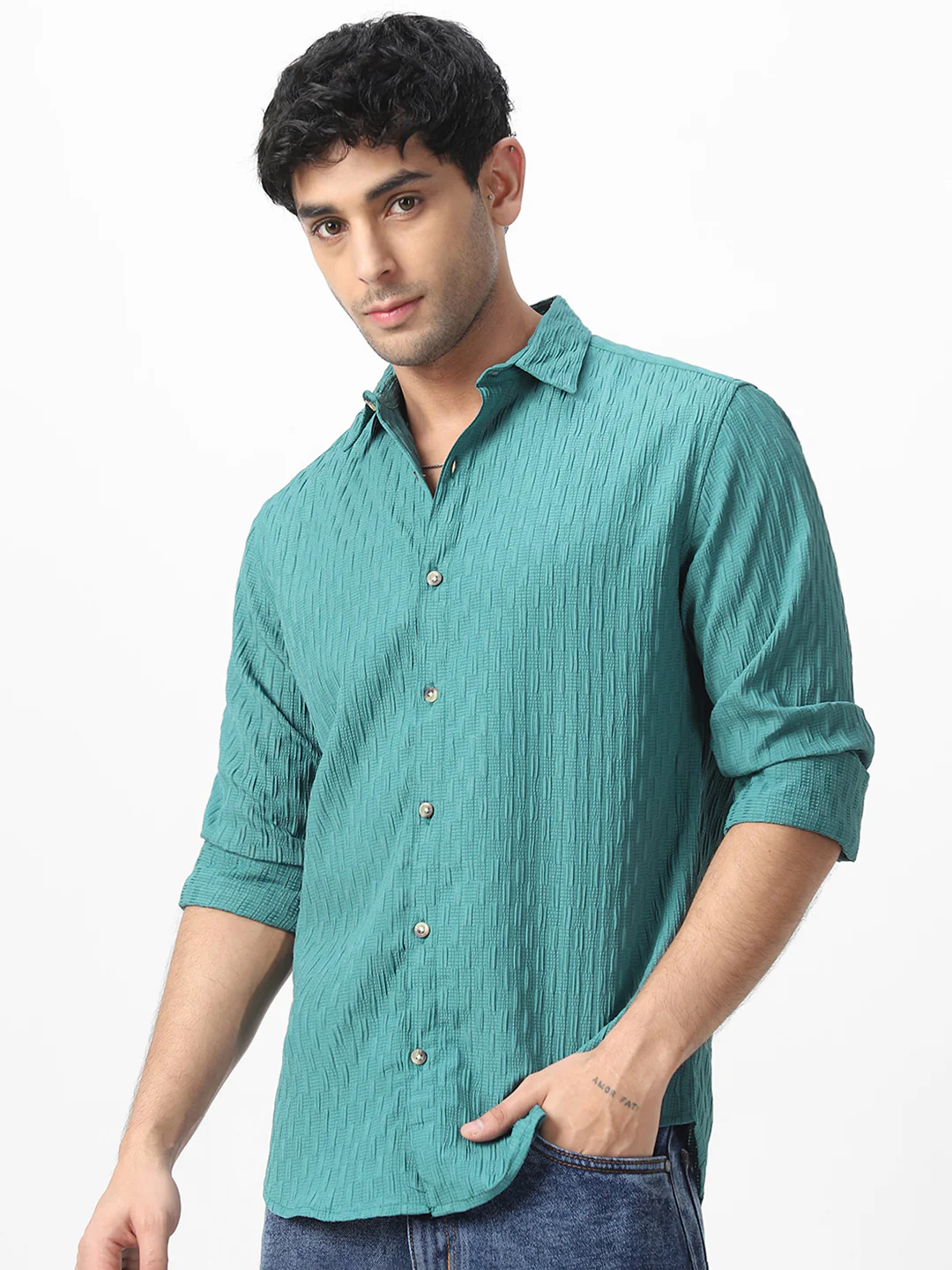 Men's Turquoise Cotton Full Sleeve Regular Fit Textured Shirt with Spread Collar - Image 2