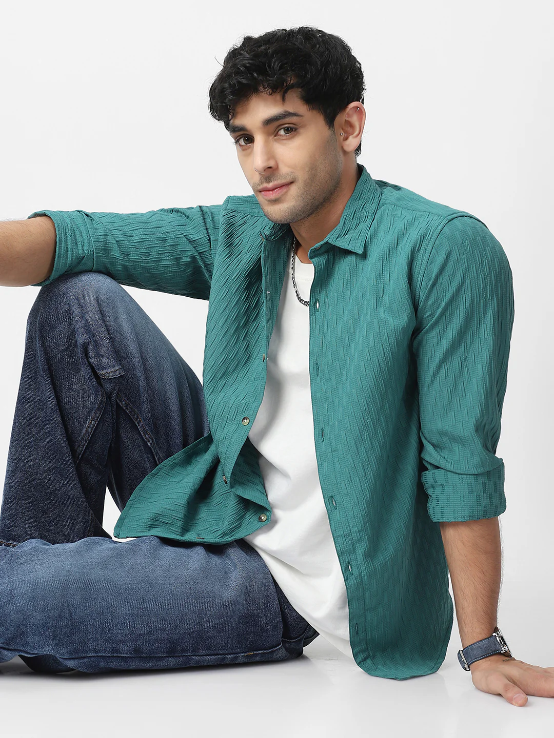 Men's Turquoise Cotton Full Sleeve Regular Fit Textured Shirt with Spread Collar - Image 3