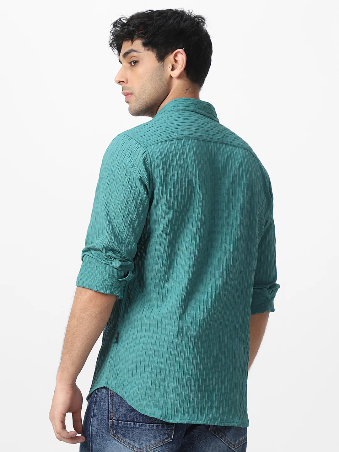 Men's Turquoise Cotton Full Sleeve Regular Fit Textured Shirt with Spread Collar - Image 4