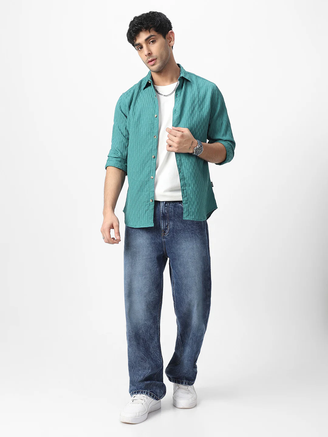 Men's Turquoise Cotton Full Sleeve Regular Fit Textured Shirt with Spread Collar - Image 5