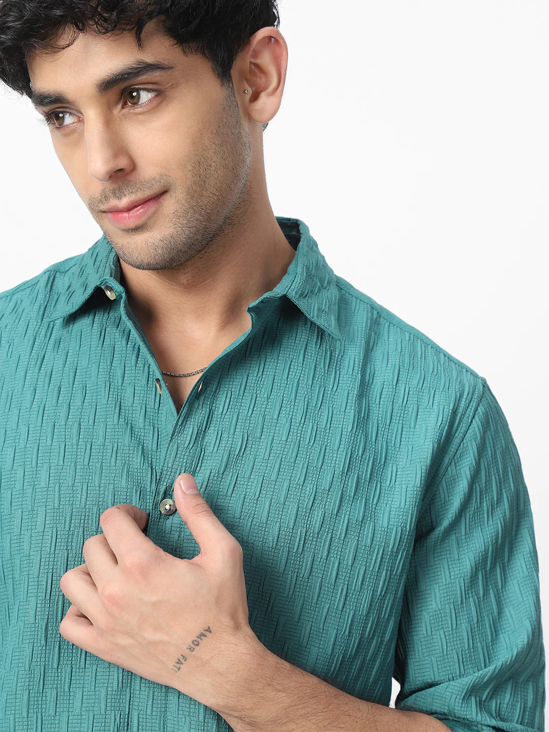 Men's Turquoise Cotton Full Sleeve Regular Fit Textured Shirt with Spread Collar - Image 6