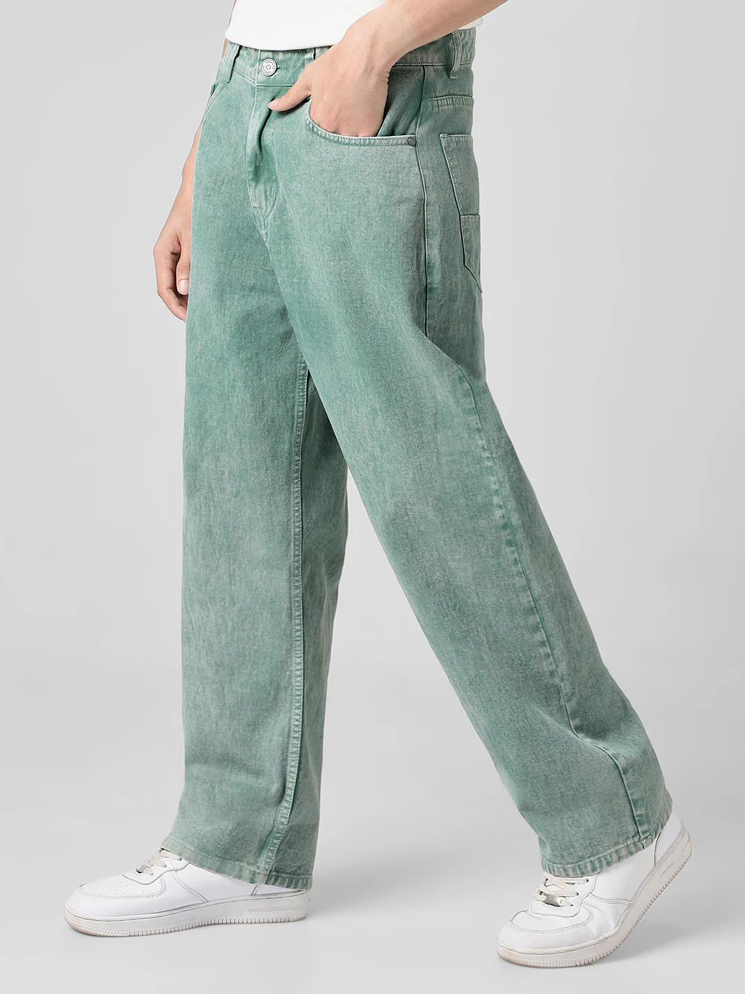 Men's Turquoise Green Loose Baggy Fit Washed Jeans Non-Stretchable - Image 2