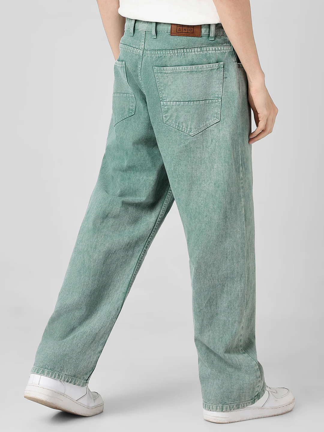 Men's Turquoise Green Loose Baggy Fit Washed Jeans Non-Stretchable - Image 3