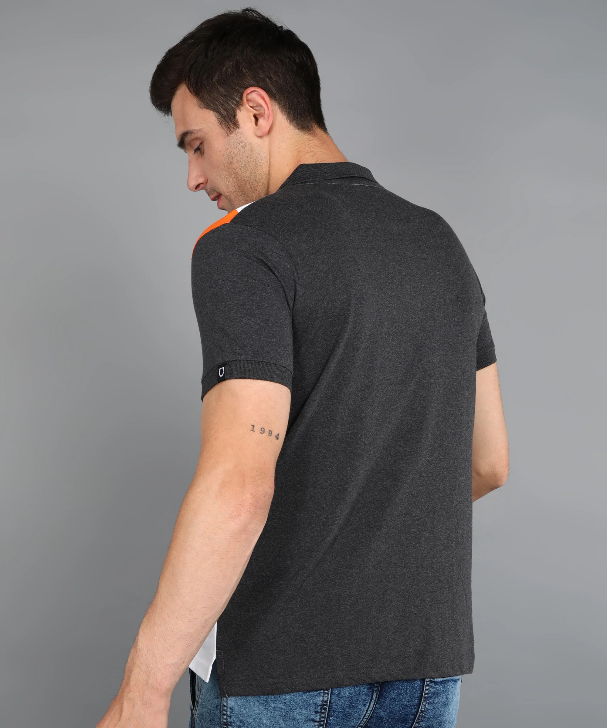 Men's White, Anthra Melange Colour-Block Slim Fit Half Sleeve Cotton Polo T-Shirt - Image 3