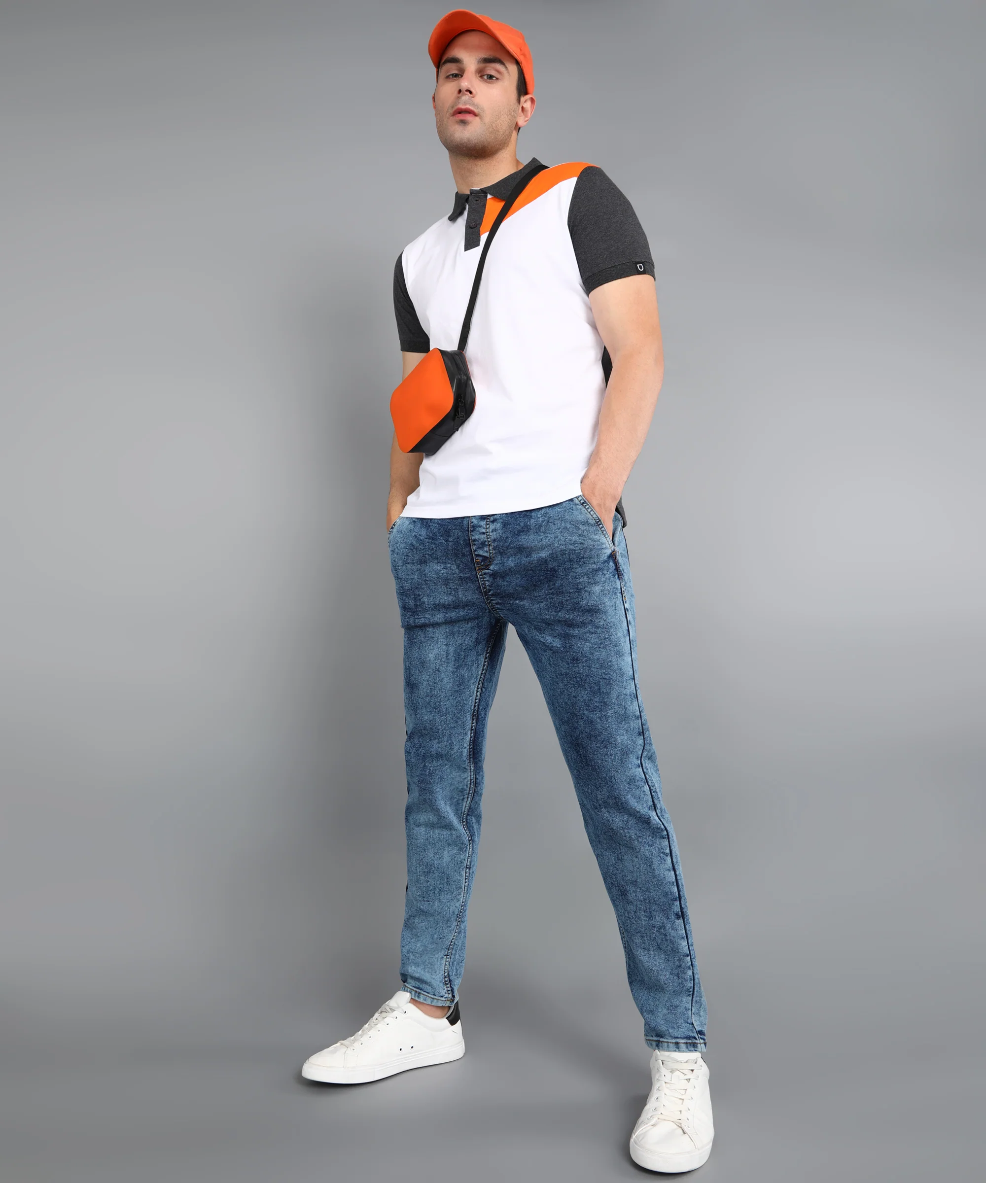 Men's White, Anthra Melange Colour-Block Slim Fit Half Sleeve Cotton Polo T-Shirt - Image 4